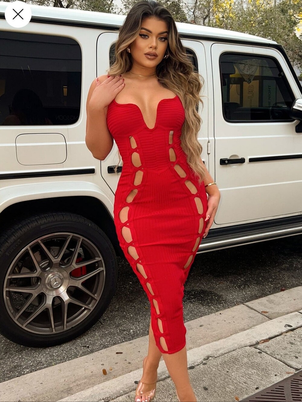 Red Cutout Bodycon Midi Dress - Women